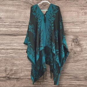 Fringed Poncho, Black & Dark Green Whimsygoth Forest Fairy Cozy Bohemian / 1 Sz